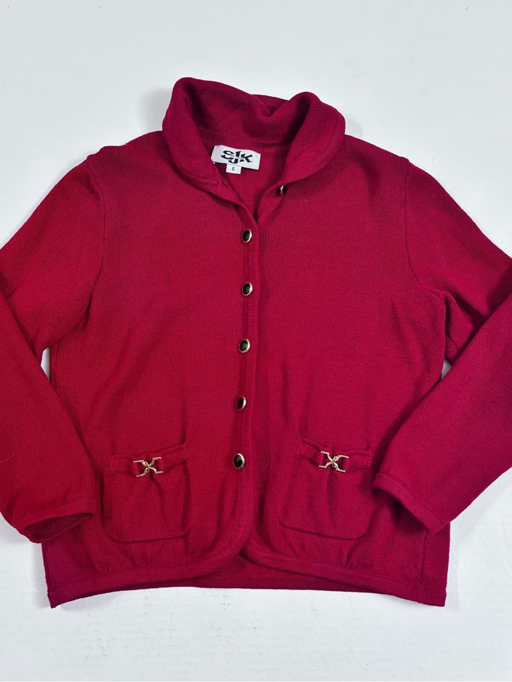 Vintage St John 80’s Red Button Front Shawl Collar Sweater Cardigan Medium 6